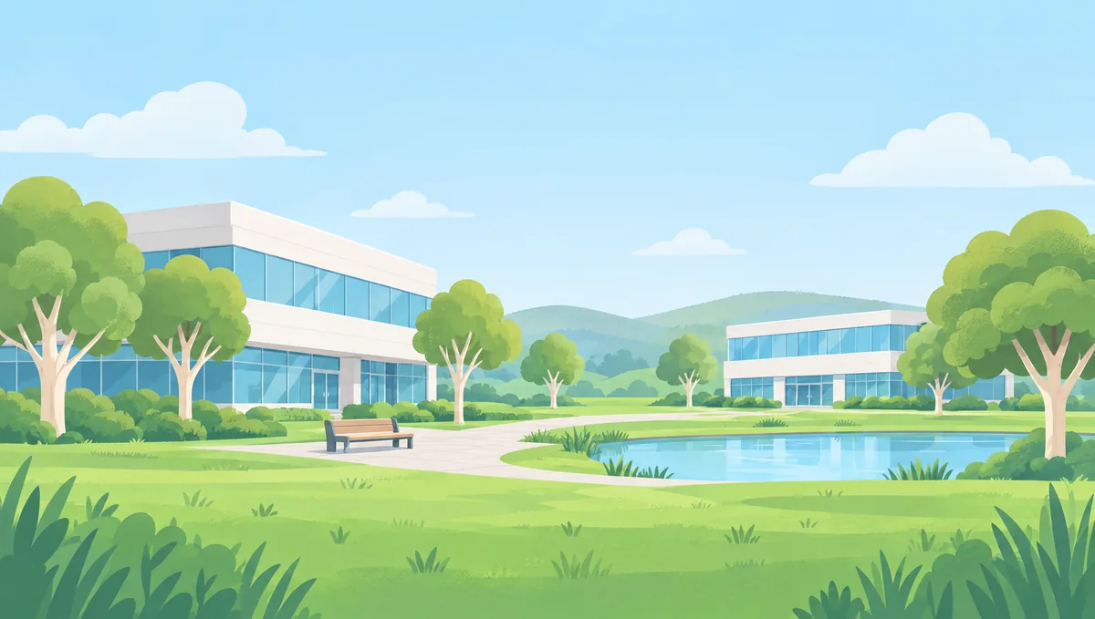 A drawing of two office buildings across a green park