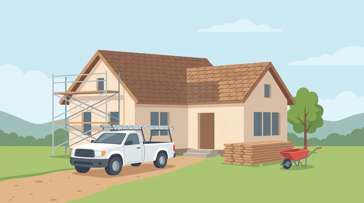 A drawing of a house being reroofed, with a pickup truck and a stack of timber