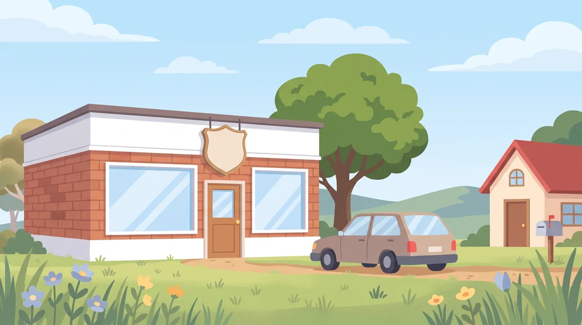 A drawing of a small brick office with a shield over the door, and a house along the road