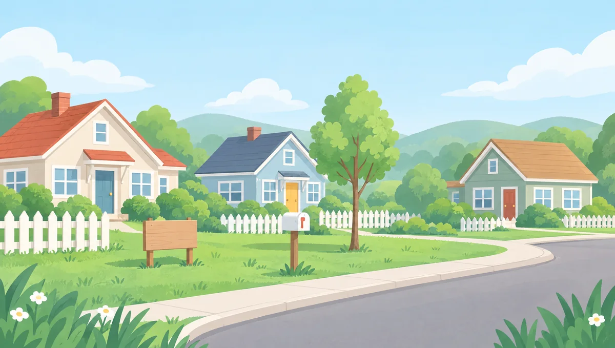 A drawing of a street of houses with a blank yard sign