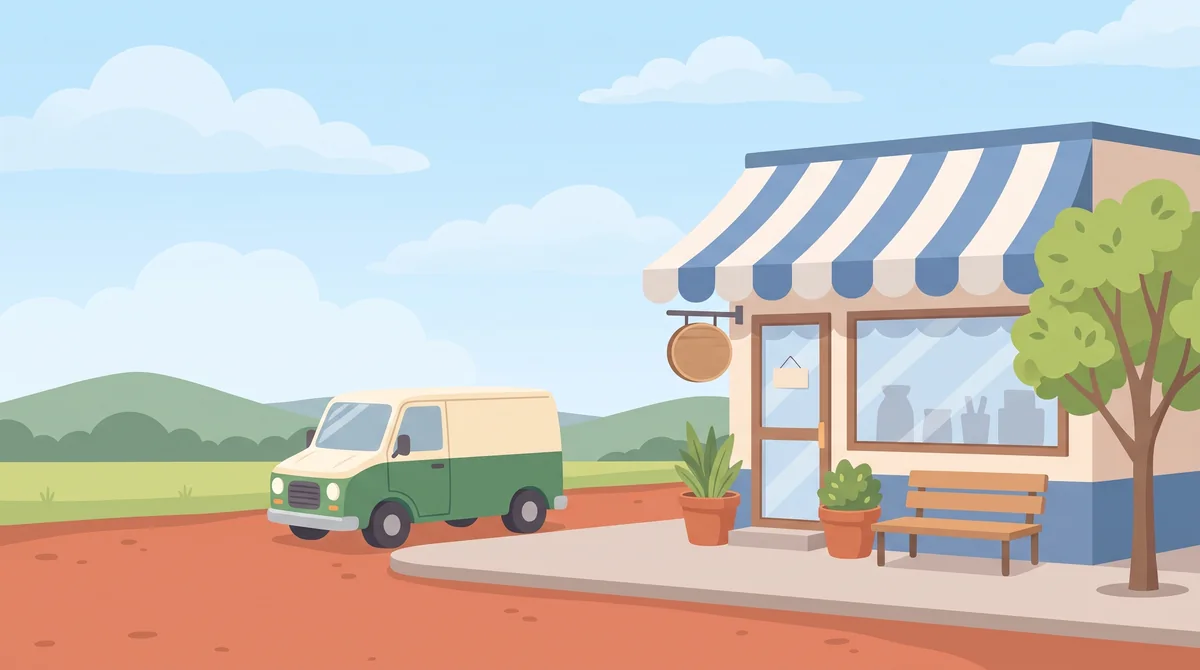 A drawing of a shopfront with a striped awning and a van parked outside